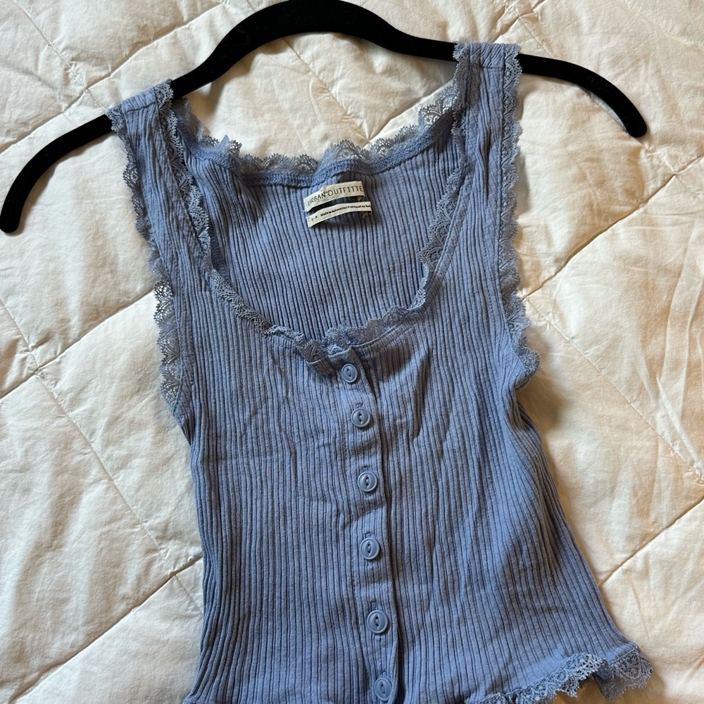Urban Outfitters Blue Ribbed Lace-Trim Tank Top